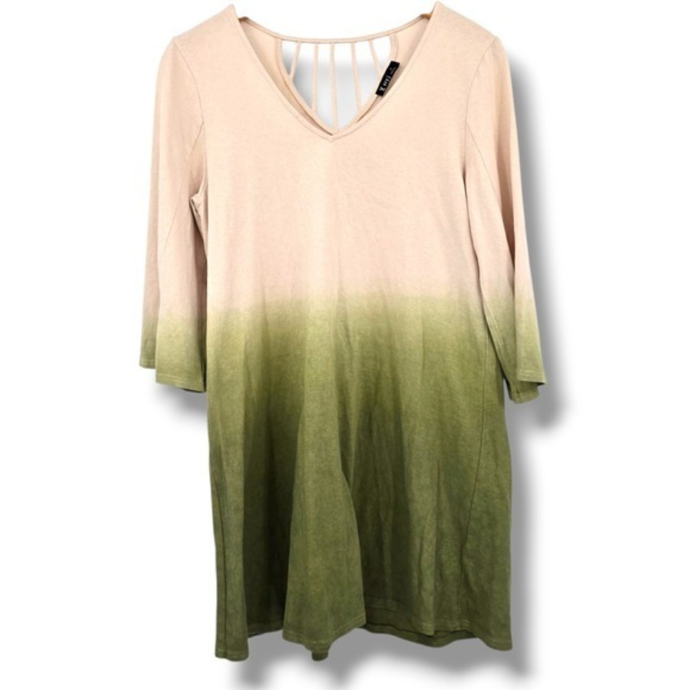 Very J Women's Ombre Dip Dye V Neck Lattice Back 3/4 Sleeve Tunic Dress S